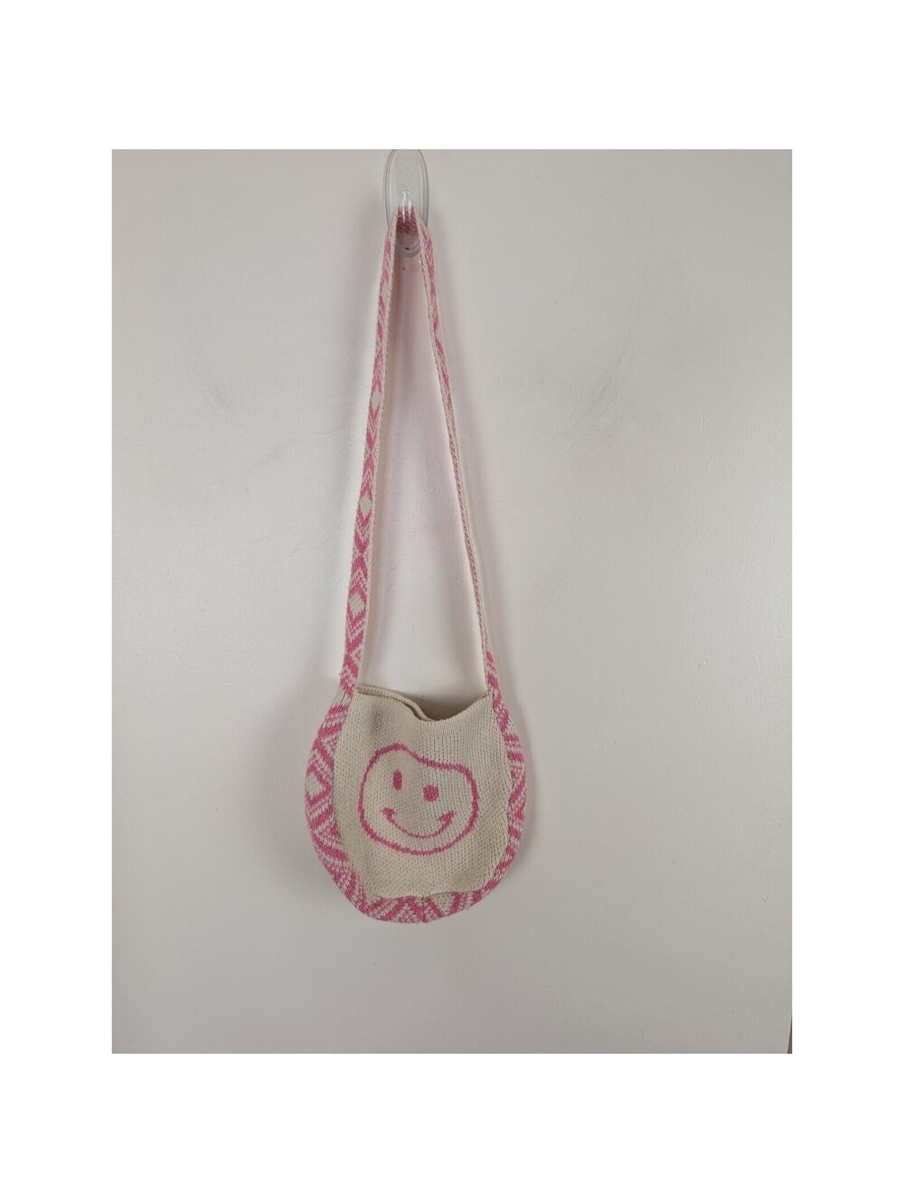 Smiley Face Purse Pink Cream Knit Small Tote Bag 8x7" Happy